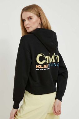 Bavlnená mikina Calvin Klein Jeans dámska, čierna farba, s kapucňou, s potlačou