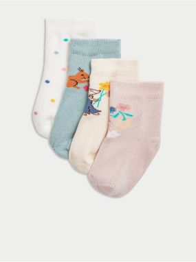 Súprava štyroch párov detských vzorovaných ponožiek v bielej, krémovej, ružovej a svetlo modrej farbe Marks & Spencer