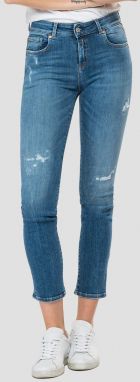Modré dámske džínsy slim fit strihu s roztrhaným efektom Replay