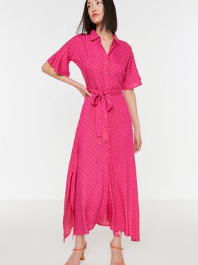 Ružové bodkované dámske košeľové maxišaty so zaväzovaním Trendyol