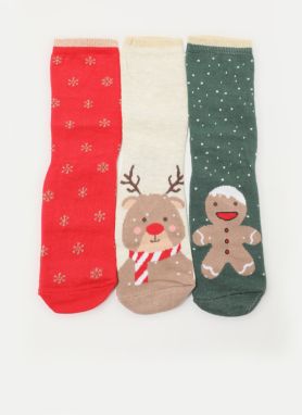 Sada troch dámskych vzorovaných ponožiek v červenej, krémovej a zelenej farbe Trendyol