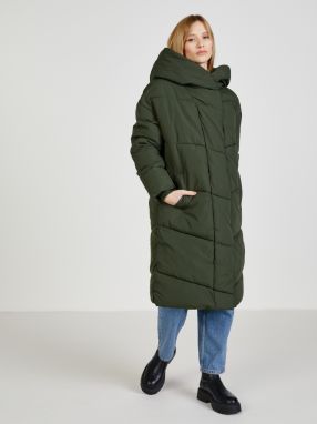 Khaki dámsky dlhý prešívaný oversize kabát s kapucňou Noisy May Tally