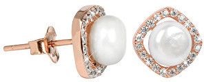JwL Luxury Pearls Strieborné Rosegold náušnice s pravou bielou perlou a kryštály JL0252