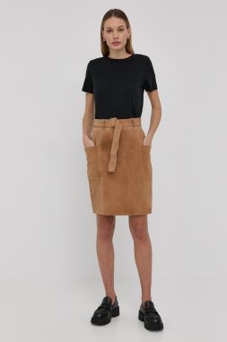 Kožená sukňa BOSS béžová farba, mini, rovný strih