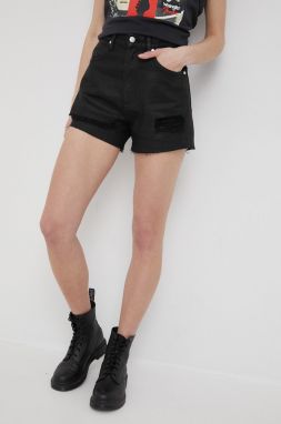 Rifľové krátke nohavice Wrangler dámske, čierna farba, jednofarebné, vysoký pás
