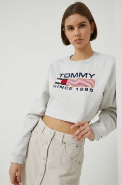mikina Tommy Jeans dámska, šedá farba, s nášivkou