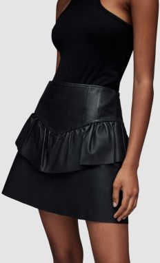 Kožená sukňa AllSaints čierna farba, mini, áčkový strih