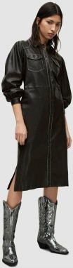 Kožené šaty AllSaints čierna farba, midi, rovný strih