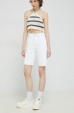 Rifľové krátke nohavice Tommy Jeans dámske, biela farba, jednofarebné, vysoký pás