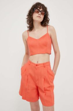 Ľanové šortky Drykorn oranžová farba, jednofarebné, vysoký pás