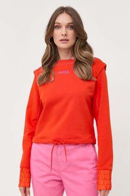 Bavlnená mikina BOSS dámska, oranžová farba, jednofarebná