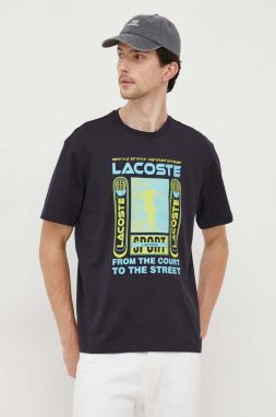 Bavlnené tričko Lacoste tmavomodrá farba, s potlačou