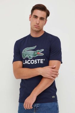 Bavlnené tričko Lacoste tmavomodrá farba, s potlačou