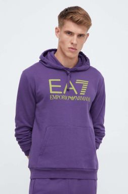 Bavlnená mikina EA7 Emporio Armani pánska, fialová farba, s kapucňou, s potlačou