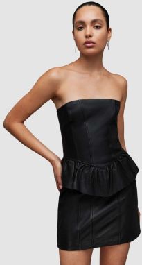 Kožené šaty AllSaints WL068Z CASSIE LEA RUFFLE DR čierna farba, mini, priliehavé