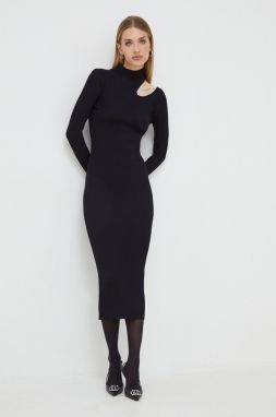 Šaty Bardot čierna farba, midi, priliehavá