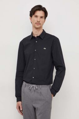 Bavlnená košeľa Lacoste pánska, čierna farba, slim, s klasickým golierom