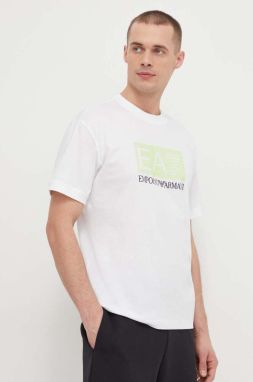 Bavlnené tričko EA7 Emporio Armani pánsky, biela farba, s potlačou