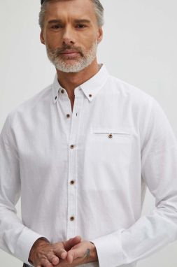 Ľanová košeľa Medicine pánska, biela farba, regular, s golierom button-down