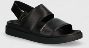 Kožené sandále Calvin Klein FLAT SANDAL CALVIN MTL LTH dámske, čierna farba, HW0HW01984