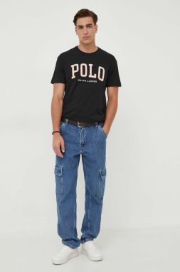 Bavlnené tričko Polo Ralph Lauren čierna farba, s nášivkou