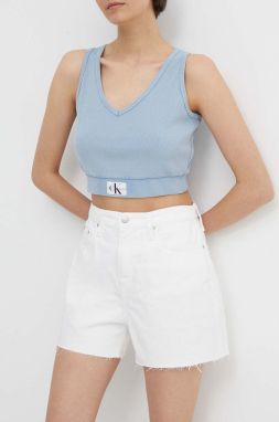Rifľové krátke nohavice Calvin Klein Jeans dámske, béžová farba, jednofarebné, vysoký pás, J20J222811