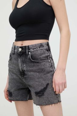 Rifľové krátke nohavice Tommy Jeans dámske,šedá farba,jednofarebné,vysoký pás,DW0DW17652