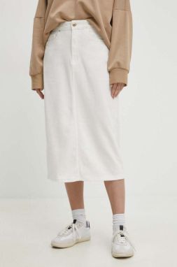 Rifľová sukňa Answear Lab biela farba, midi, rovný strih