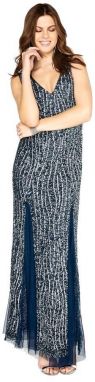 Modré trblietavé maxi šaty s rozparkami